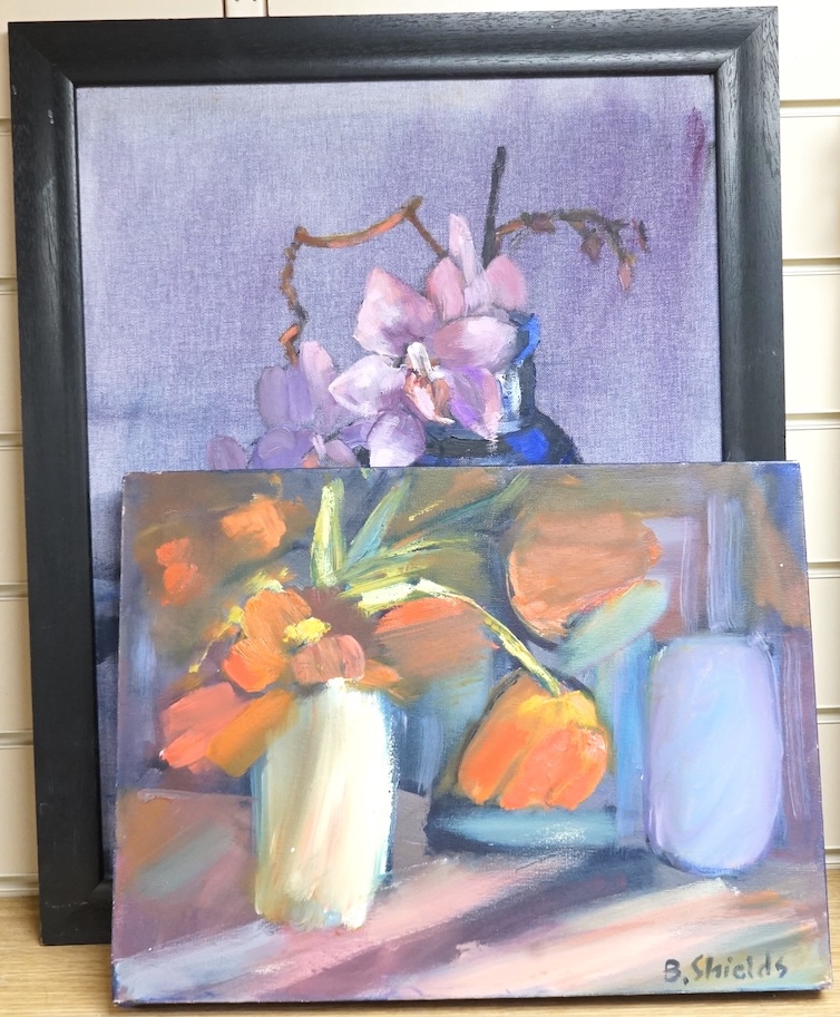 B. Shields, Orchid in Moroccan pot, signed, oil on board, together with another Still life on canvas by the same artist, largest 49 x 42cm, unframed